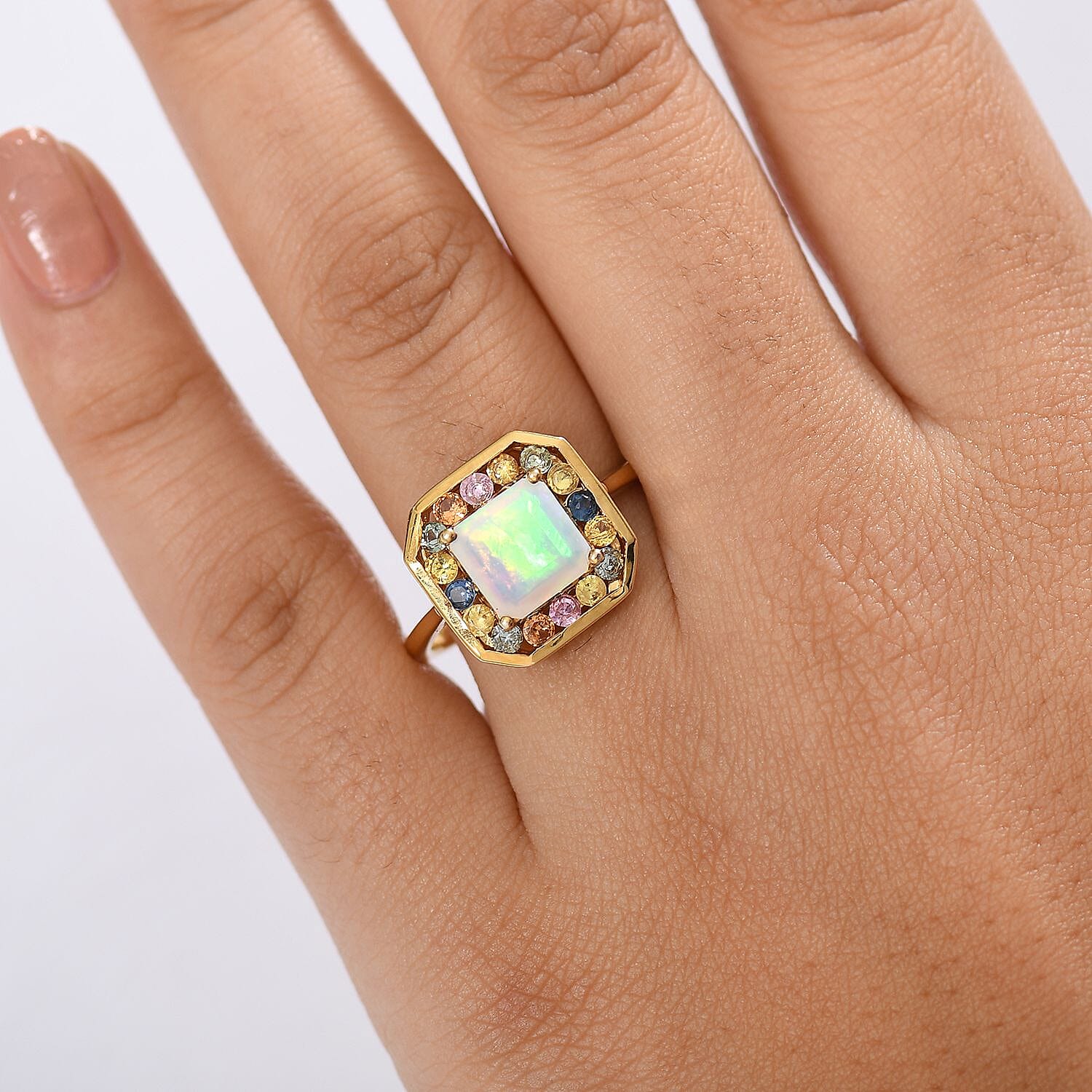 Djoy Natural Ethiopian Welo Opal & Multi Sapphire Garden of Light Ring in 18K Vermeil Yellow Gold Sterling Silver 2.38 Ct.