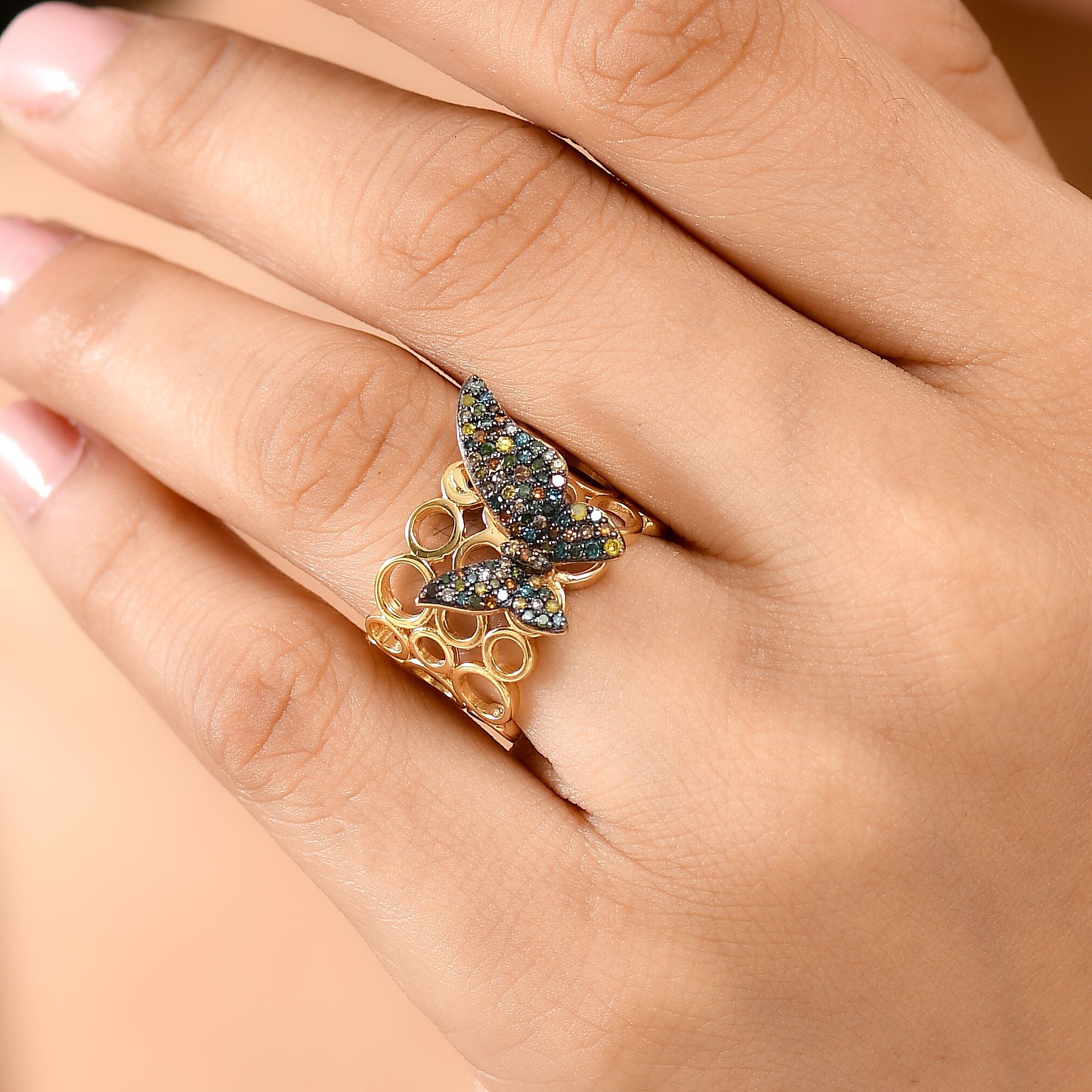 GP Italian Garden Collection - Champagne Diamond & Multi Gemstones Cluster Ring in 18K Vermeil Yellow Gold Plated Sterling Silver, 0.51 Ct.