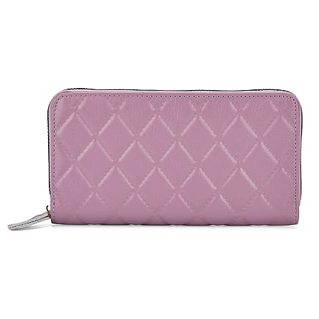 Closeout Deal- Genuine Leather Embossed Rhombus RFID Protected Clutch - Light Purple
