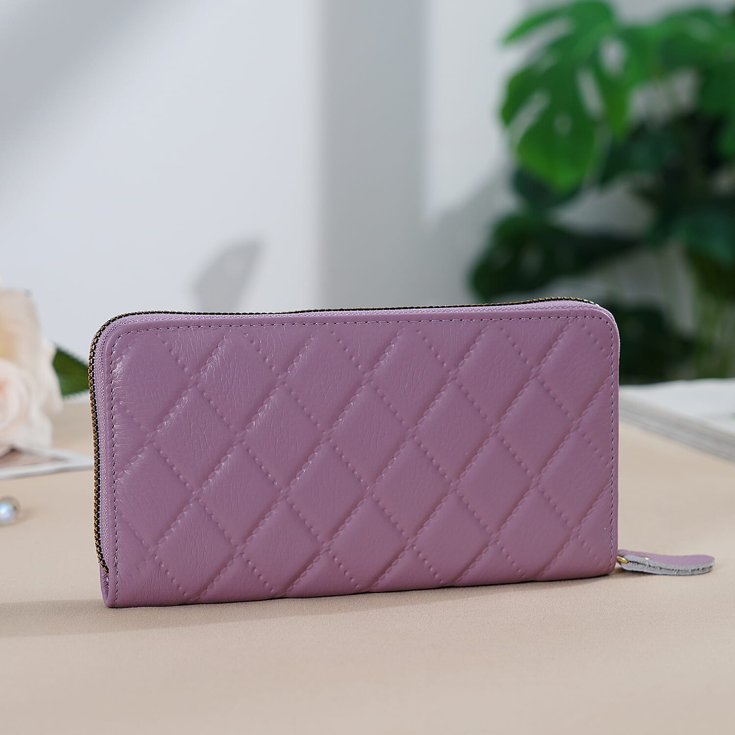 Closeout Deal- Genuine Leather Embossed Rhombus RFID Protected Clutch - Light Purple