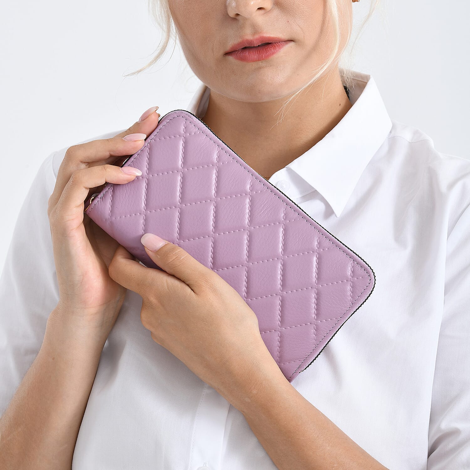 Closeout Deal- Genuine Leather Embossed Rhombus RFID Protected Clutch - Light Purple