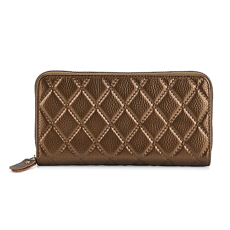 Closeout Deal- Genuine Leather Embossed Rhombus RFID Protected Clutch - Dark Gold
