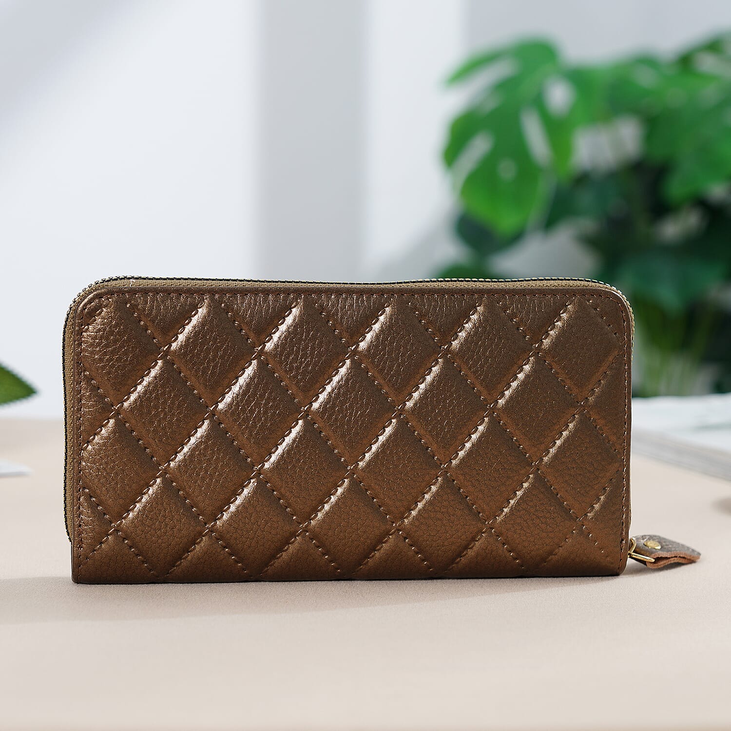 Closeout Deal- Genuine Leather Embossed Rhombus RFID Protected Clutch - Dark Gold