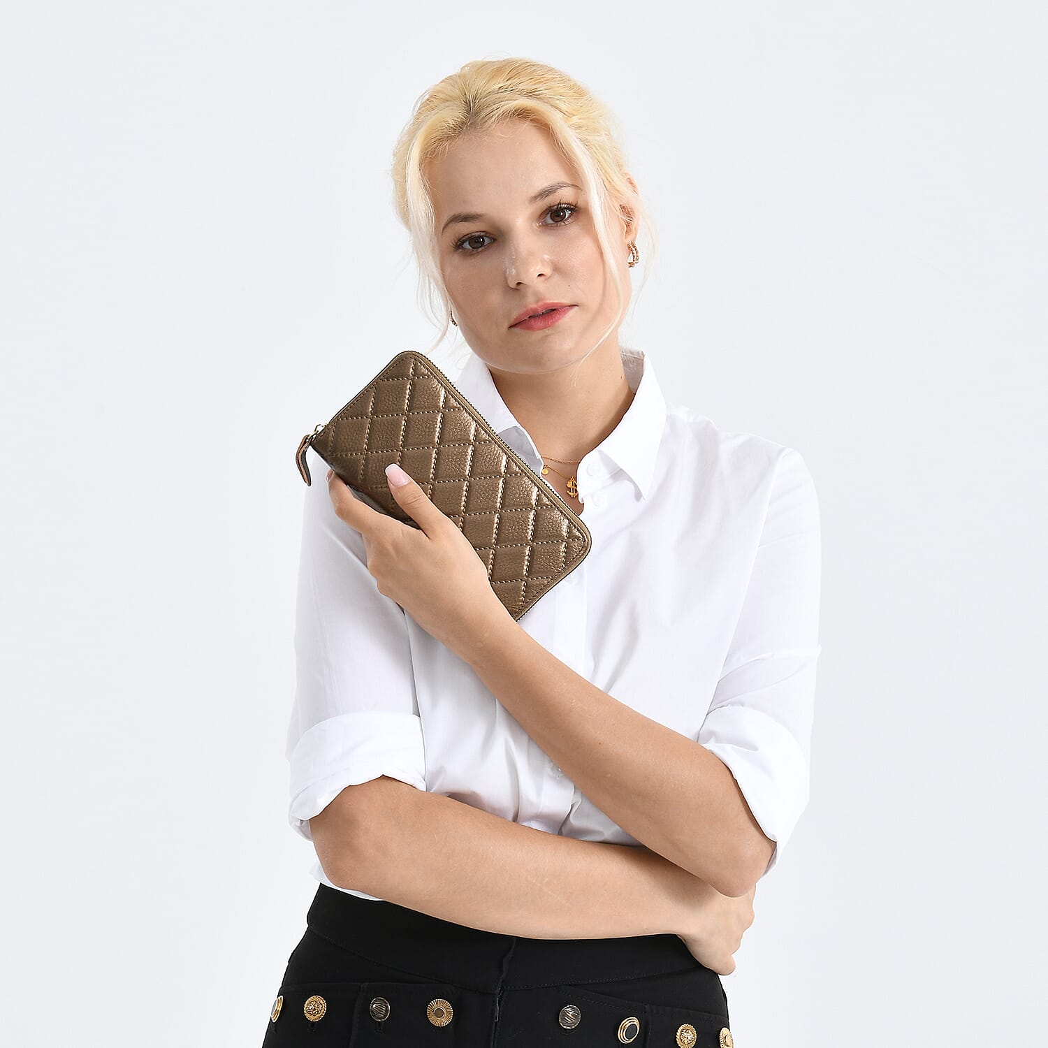 Closeout Deal- Genuine Leather Embossed Rhombus RFID Protected Clutch - Dark Gold