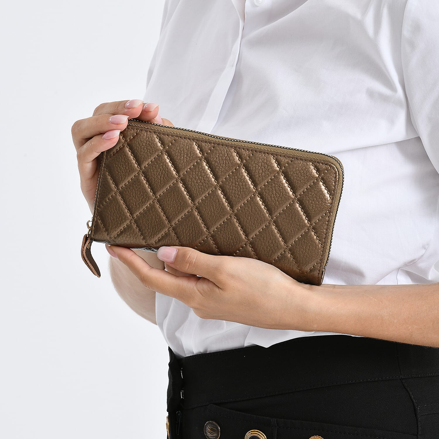 Closeout Deal- Genuine Leather Embossed Rhombus RFID Protected Clutch - Dark Gold