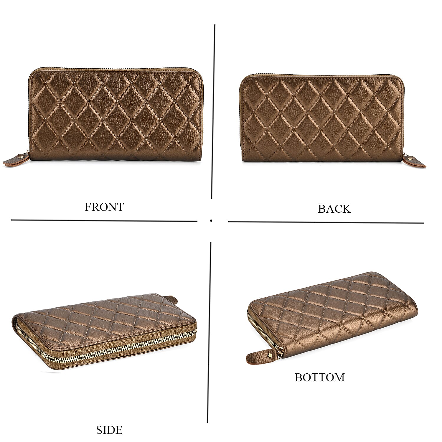 Closeout Deal- Genuine Leather Embossed Rhombus RFID Protected Clutch - Dark Gold