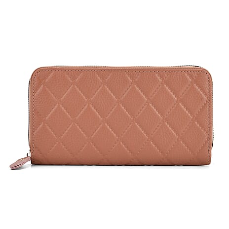 Closeout Deal- Genuine Leather Embossed Rhombus RFID Protected Clutch - Dusty Pink