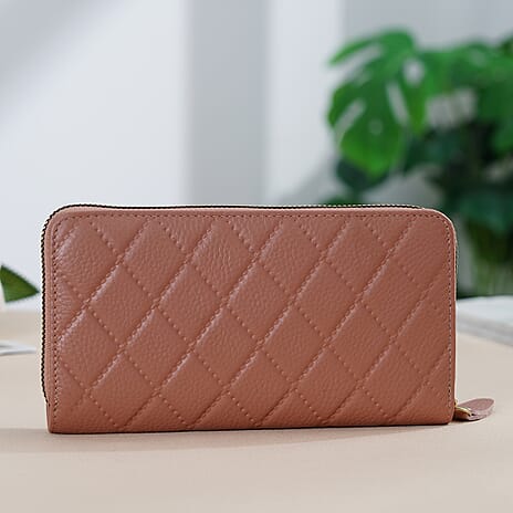 Closeout Deal- Genuine Leather Embossed Rhombus RFID Protected Clutch - Dusty Pink