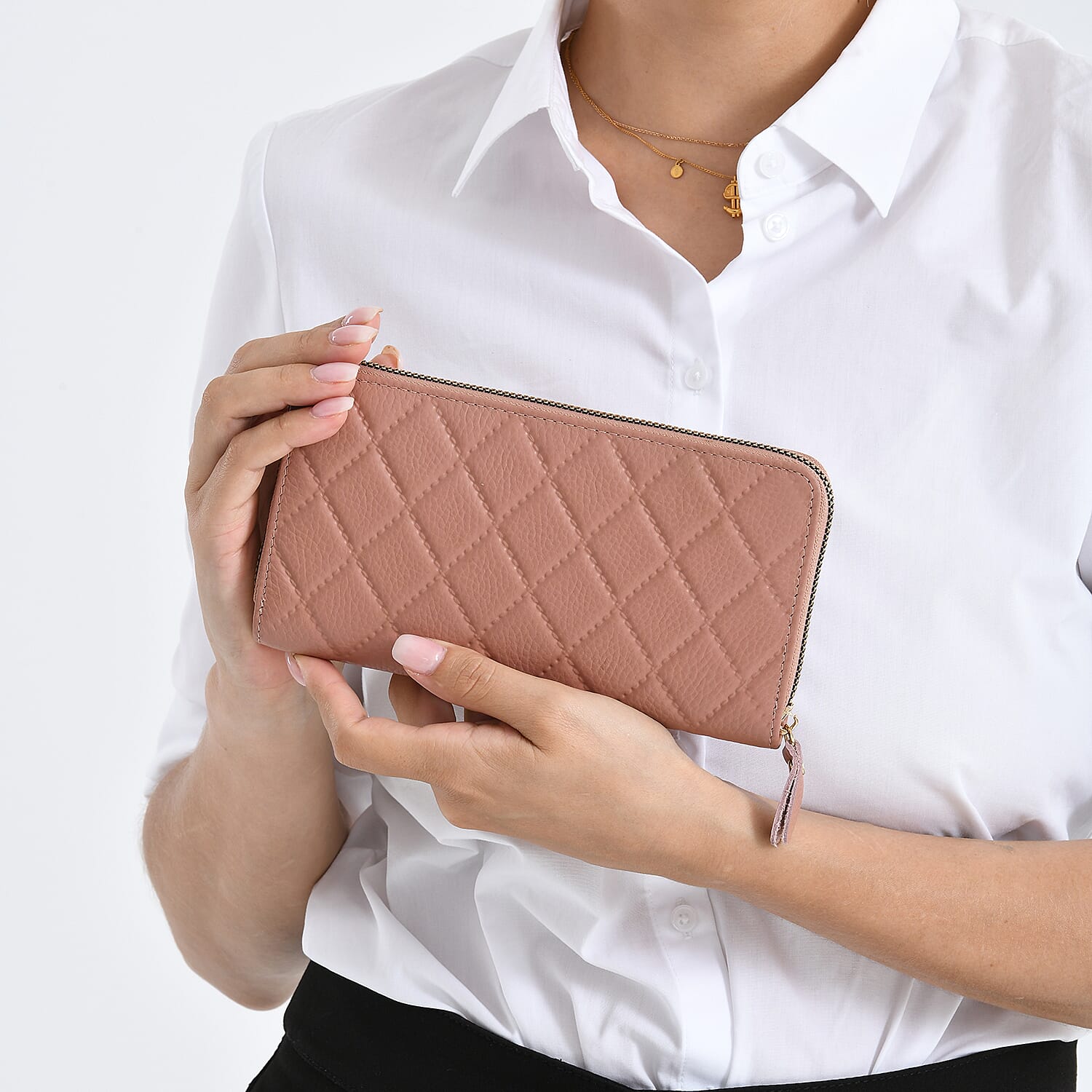 Closeout Deal- Genuine Leather Embossed Rhombus RFID Protected Clutch - Dusty Pink