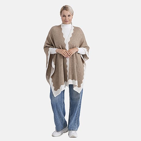Styled By Knit Poncho with Contrasting Scalloped Edge (One Size) - Beige