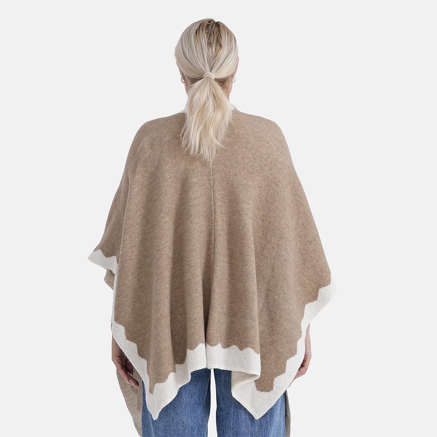 Styled By Knit Poncho with Contrasting Scalloped Edge (One Size) - Beige