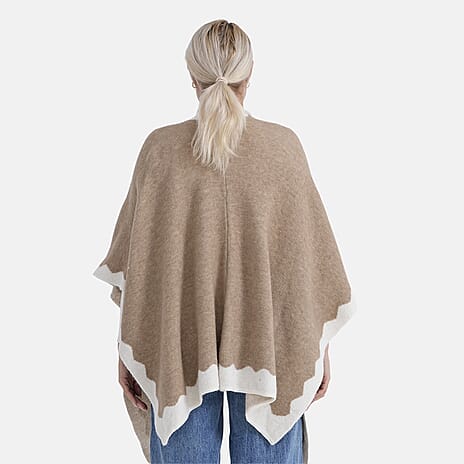 Styled By Knit Poncho with Contrasting Scalloped Edge (One Size) - Beige