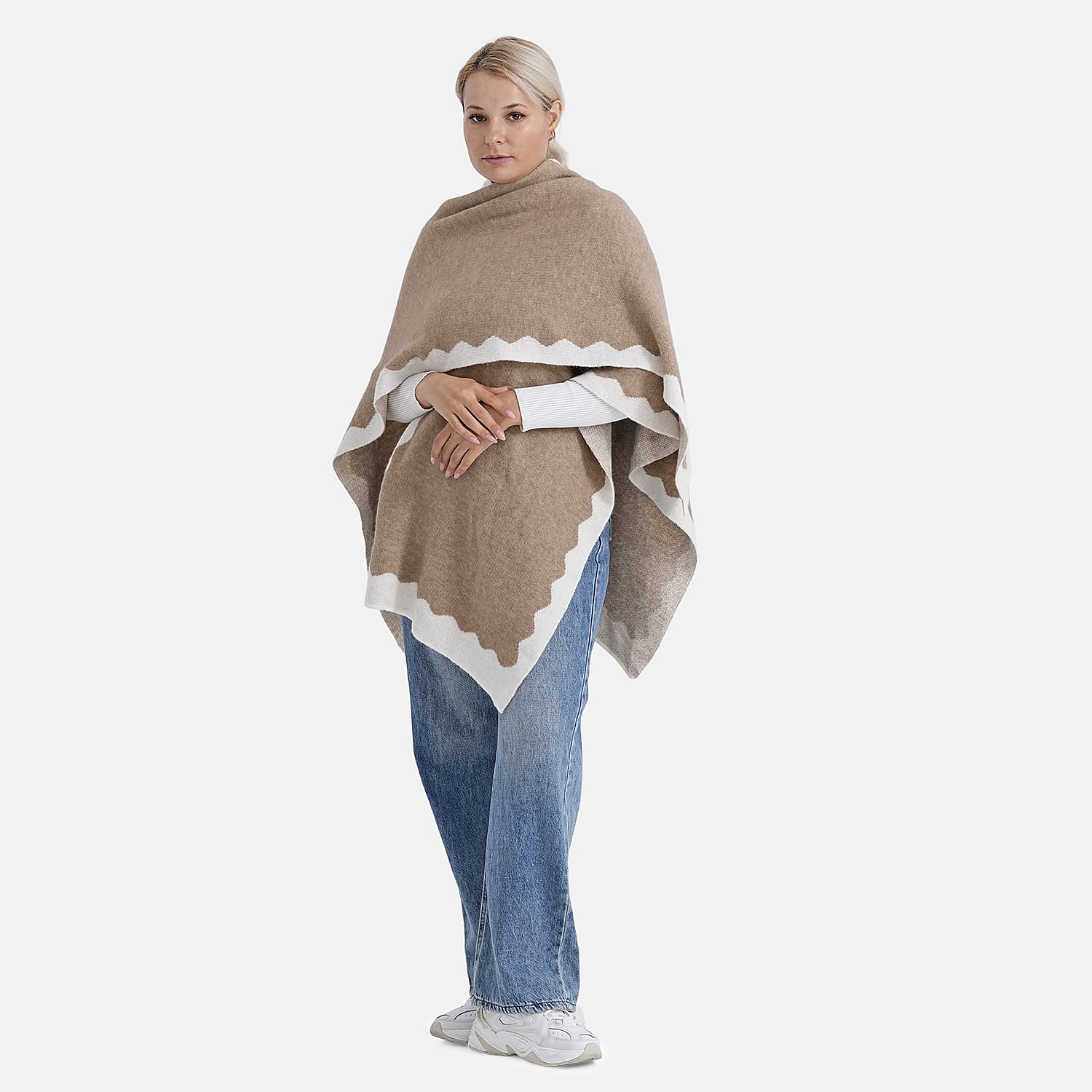 Styled By Knit Poncho with Contrasting Scalloped Edge (One Size) - Beige
