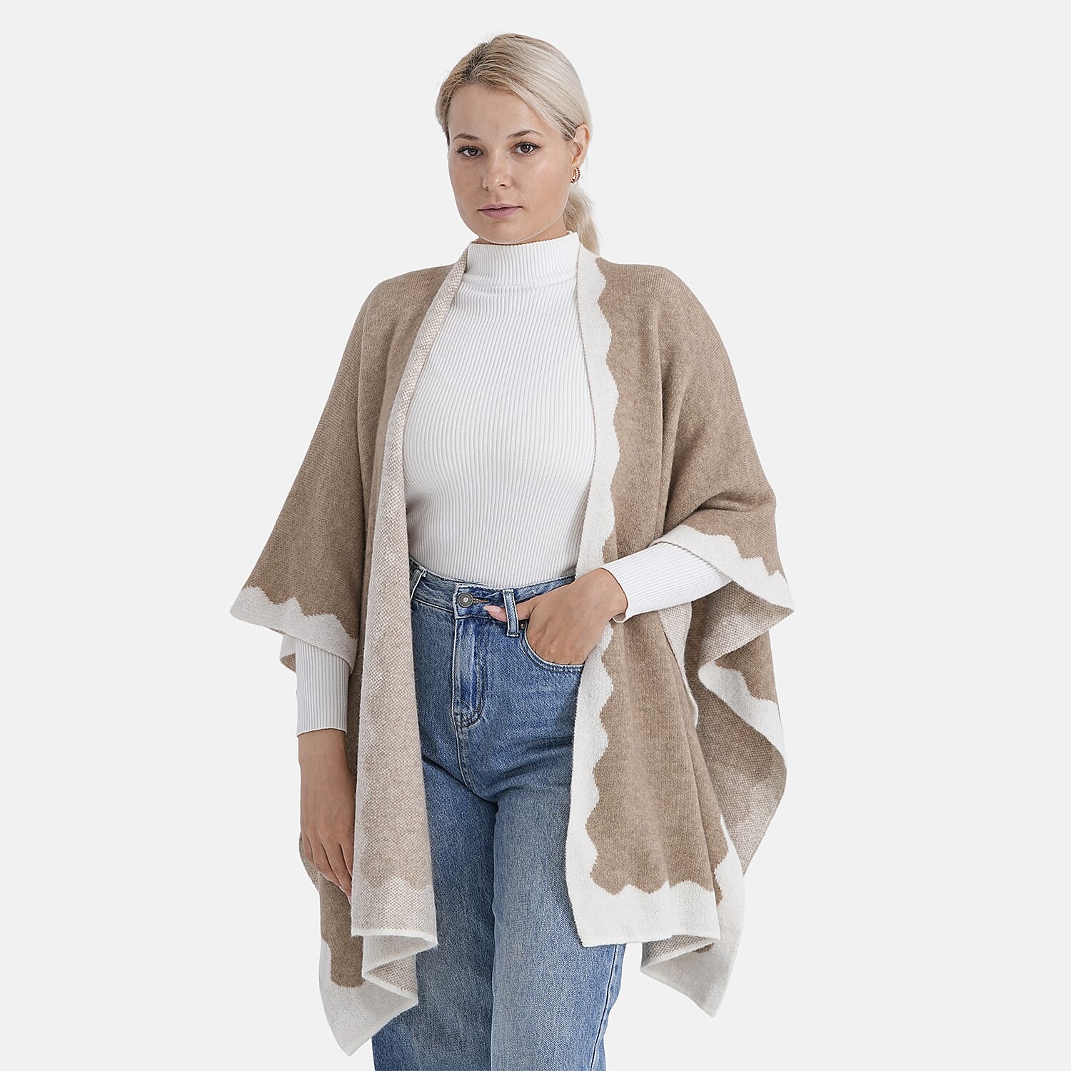 Styled By Knit Poncho with Contrasting Scalloped Edge (One Size) - Beige