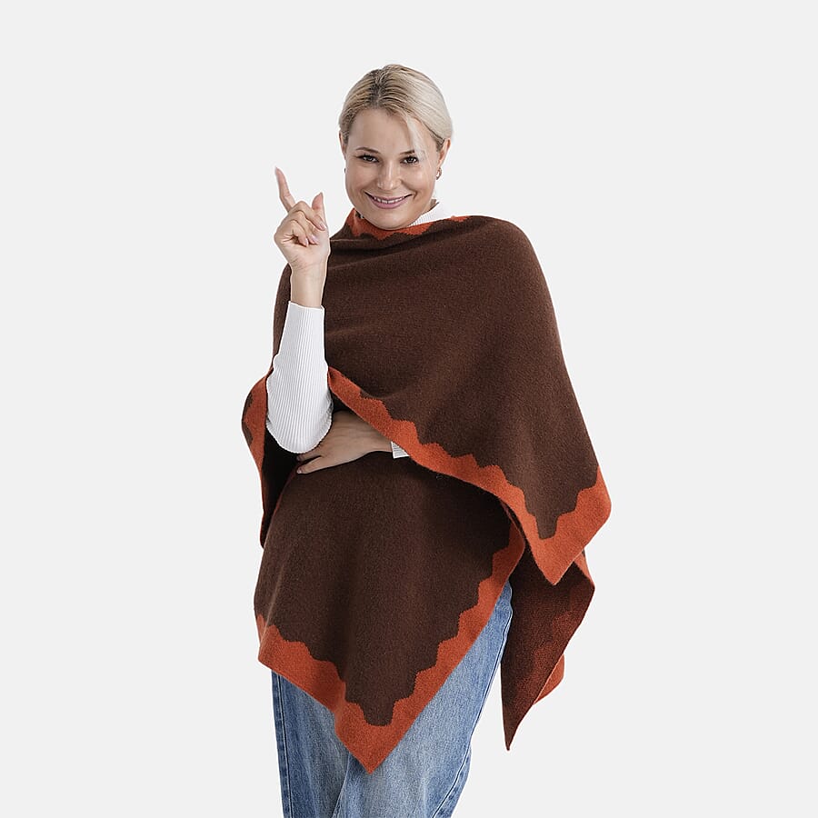 Styled By Knit Cape with Contrasting Scalloped Edge (One Size) - Orange