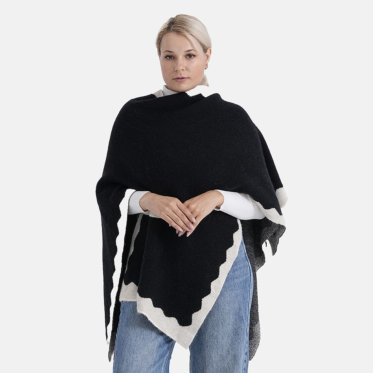 Styled By Knit Poncho with Contrasting Scalloped Edge (One Size) - Black