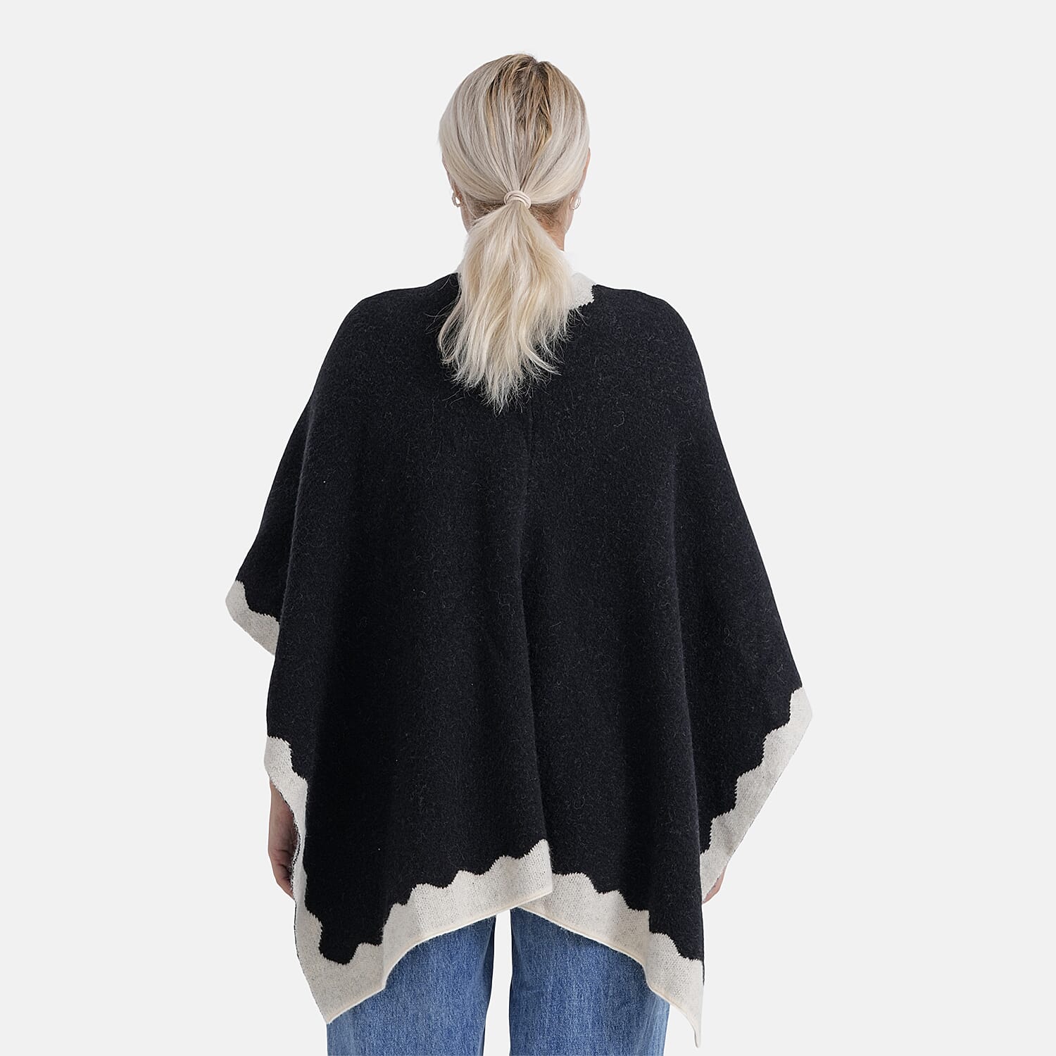 Styled By Knit Poncho with Contrasting Scalloped Edge (One Size) - Black
