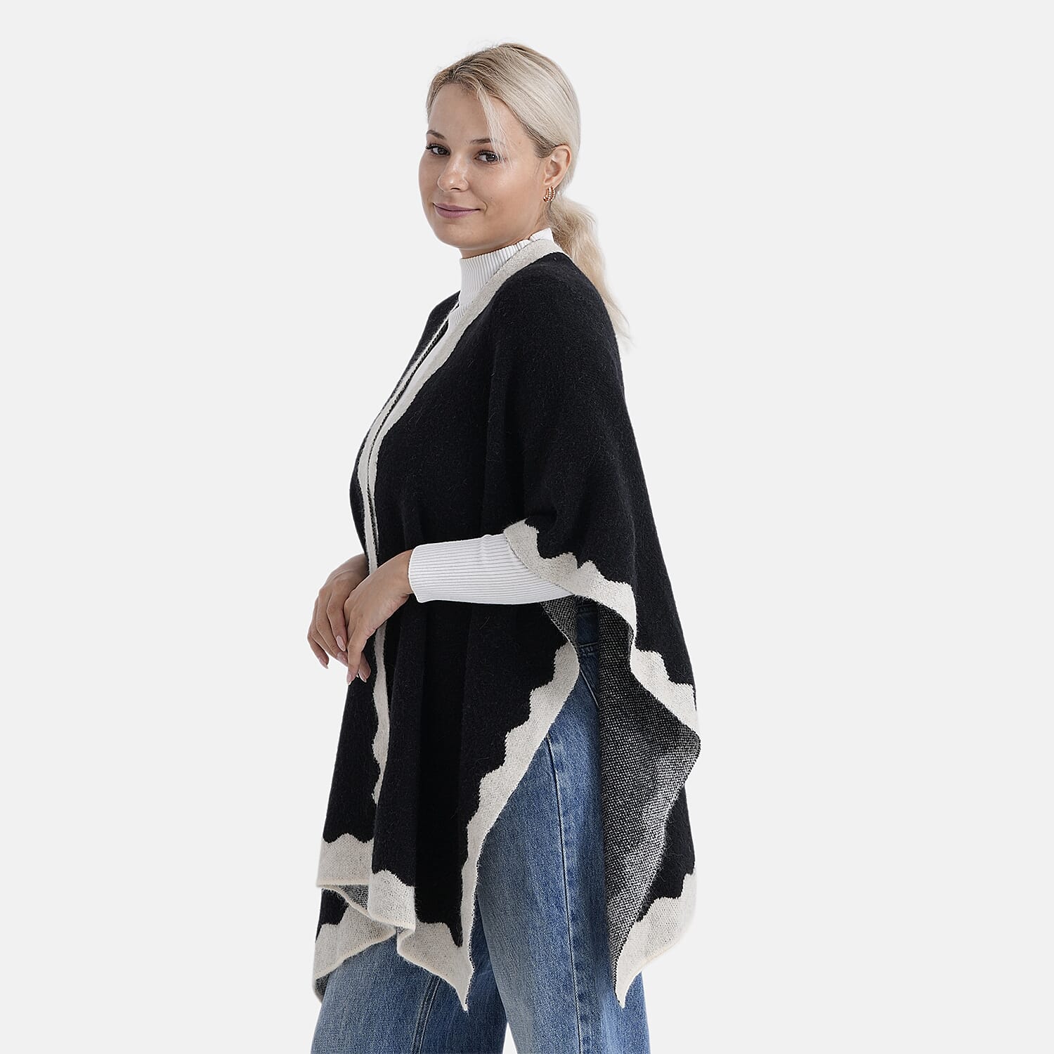 Styled By Knit Poncho with Contrasting Scalloped Edge (One Size) - Black