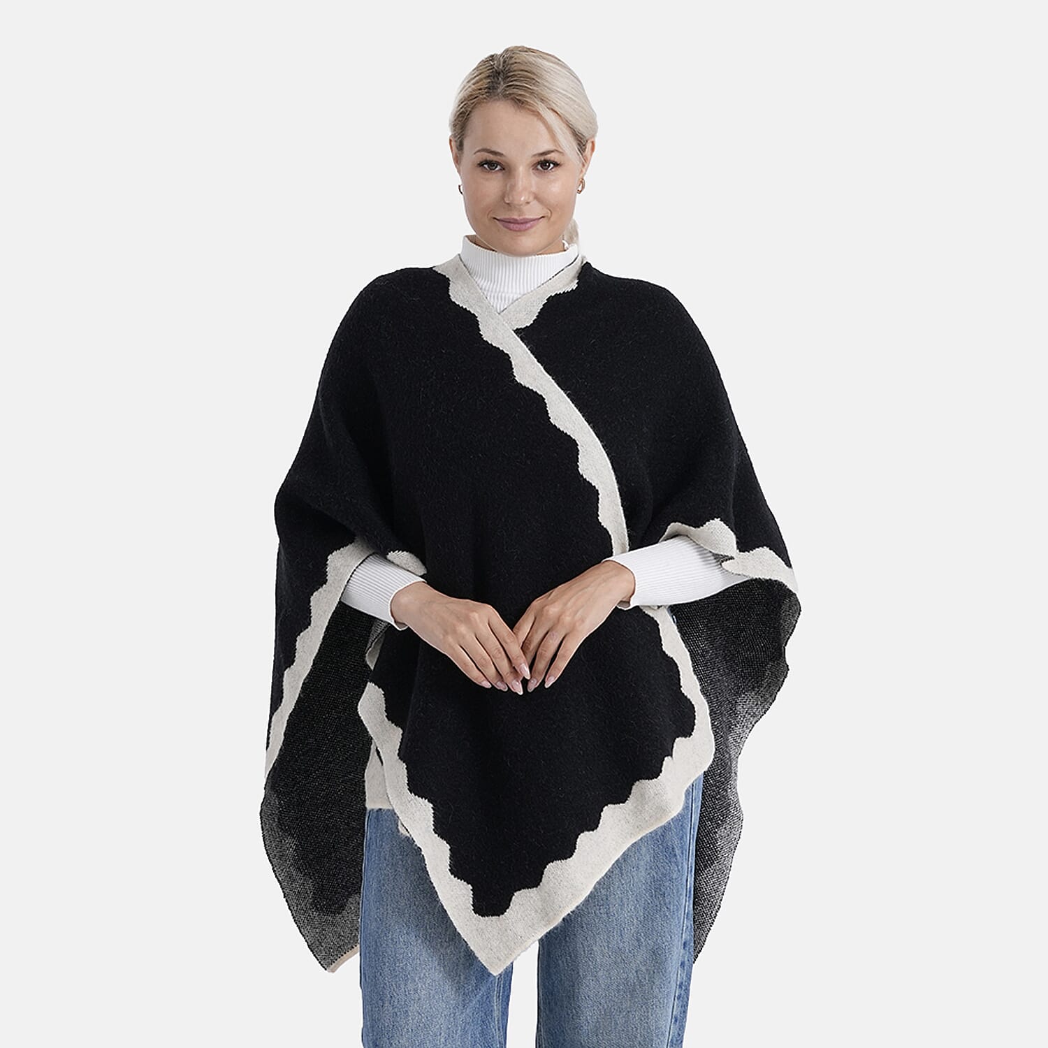 Styled By Knit Poncho with Contrasting Scalloped Edge (One Size) - Black