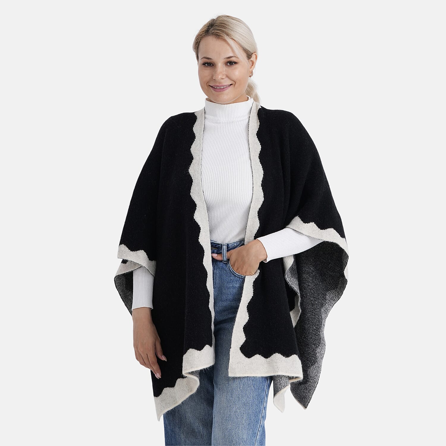 Styled By Knit Poncho with Contrasting Scalloped Edge (One Size) - Black
