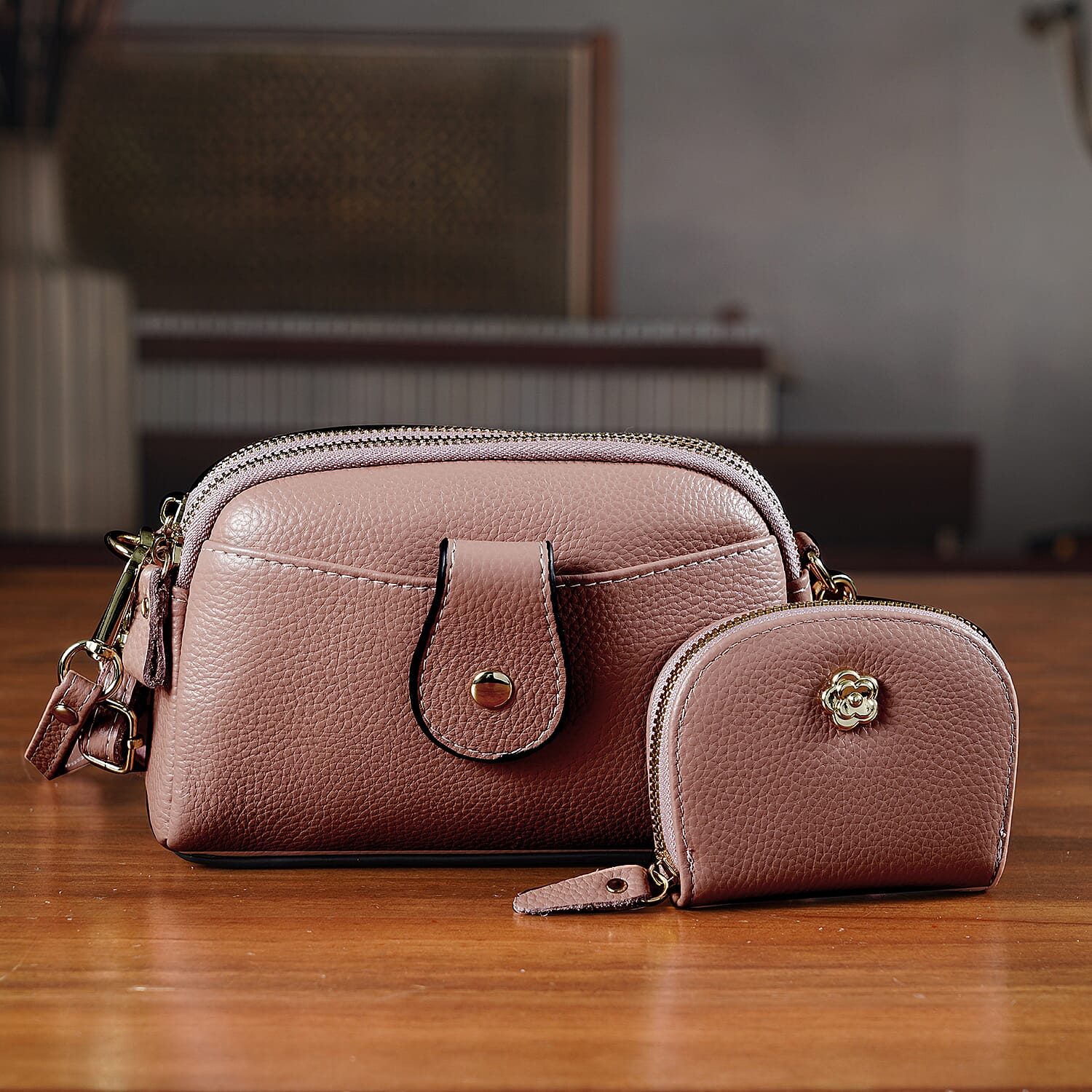 Set of 2 Genuine Leather Crossbody Bag & RFID Card Wallet - Dusty Pink