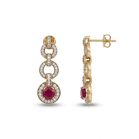 African Ruby & White Zircon Dangling Earring with Push Back in 18K Yellow Gold Plating Sterling Silver 3.92 Ct, Silver Wt. 5.49 Gms.