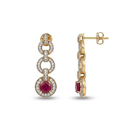 African Ruby, White Zircon Dangling Earring with Push Back in Yellow Gold Plated Sterling Silver African Ruby, White Zircon Dangling Earring with Push Back in Yellow Gold Plated Sterling Silver