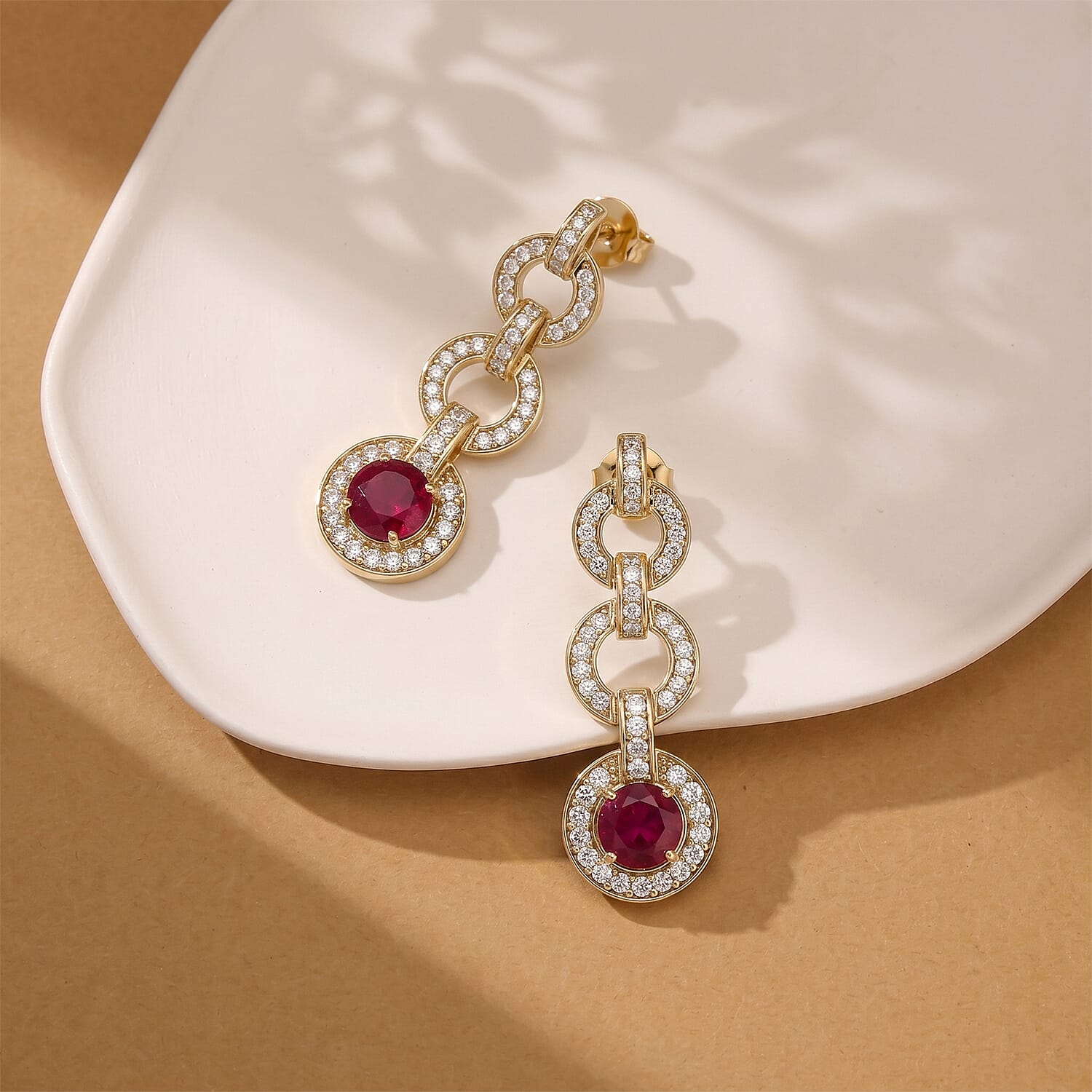 African Ruby & White Zircon Dangling Earring with Push Back in 18K Yellow Gold Plating Sterling Silver 3.92 Ct, Silver Wt. 5.49 Gms.