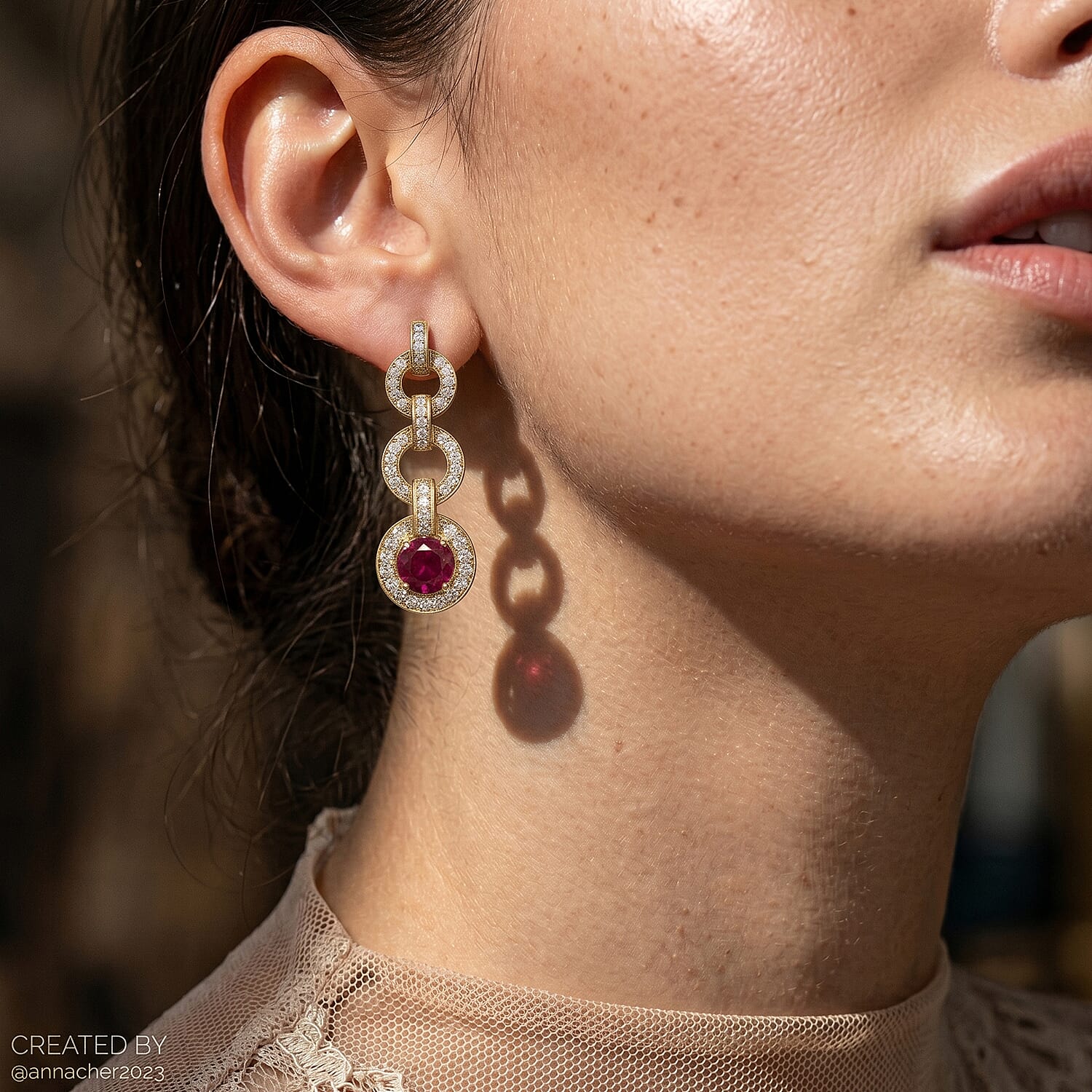 African Ruby & White Zircon Dangling Earring with Push Back in 18K Yellow Gold Plating Sterling Silver 3.92 Ct, Silver Wt. 5.49 Gms.