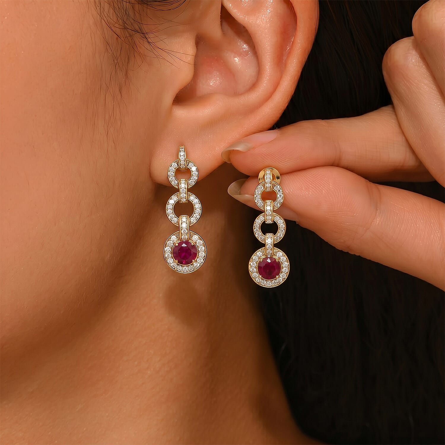 African Ruby & White Zircon Dangling Earring with Push Back in 18K Yellow Gold Plating Sterling Silver 3.92 Ct, Silver Wt. 5.49 Gms.