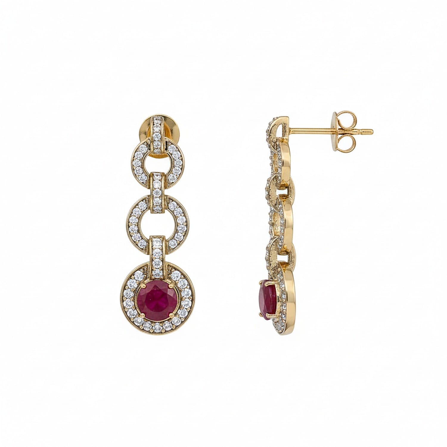 African Ruby & White Zircon Dangling Earring with Push Back in 18K Yellow Gold Plating Sterling Silver 3.92 Ct, Silver Wt. 5.49 Gms.