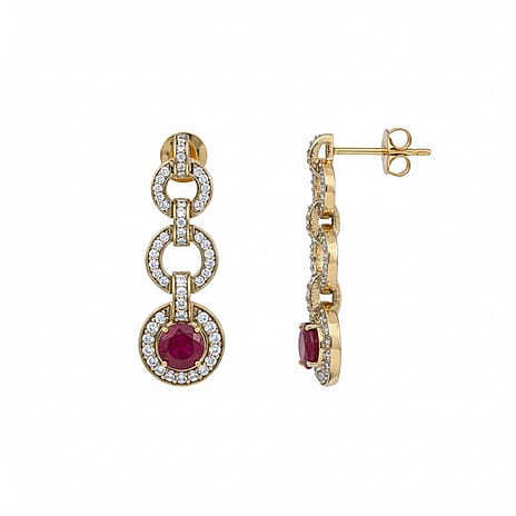 African Ruby & White Zircon Dangling Earring with Push Back in 18K Yellow Gold Plating Sterling Silver 3.92 Ct, Silver Wt. 5.49 Gms.
