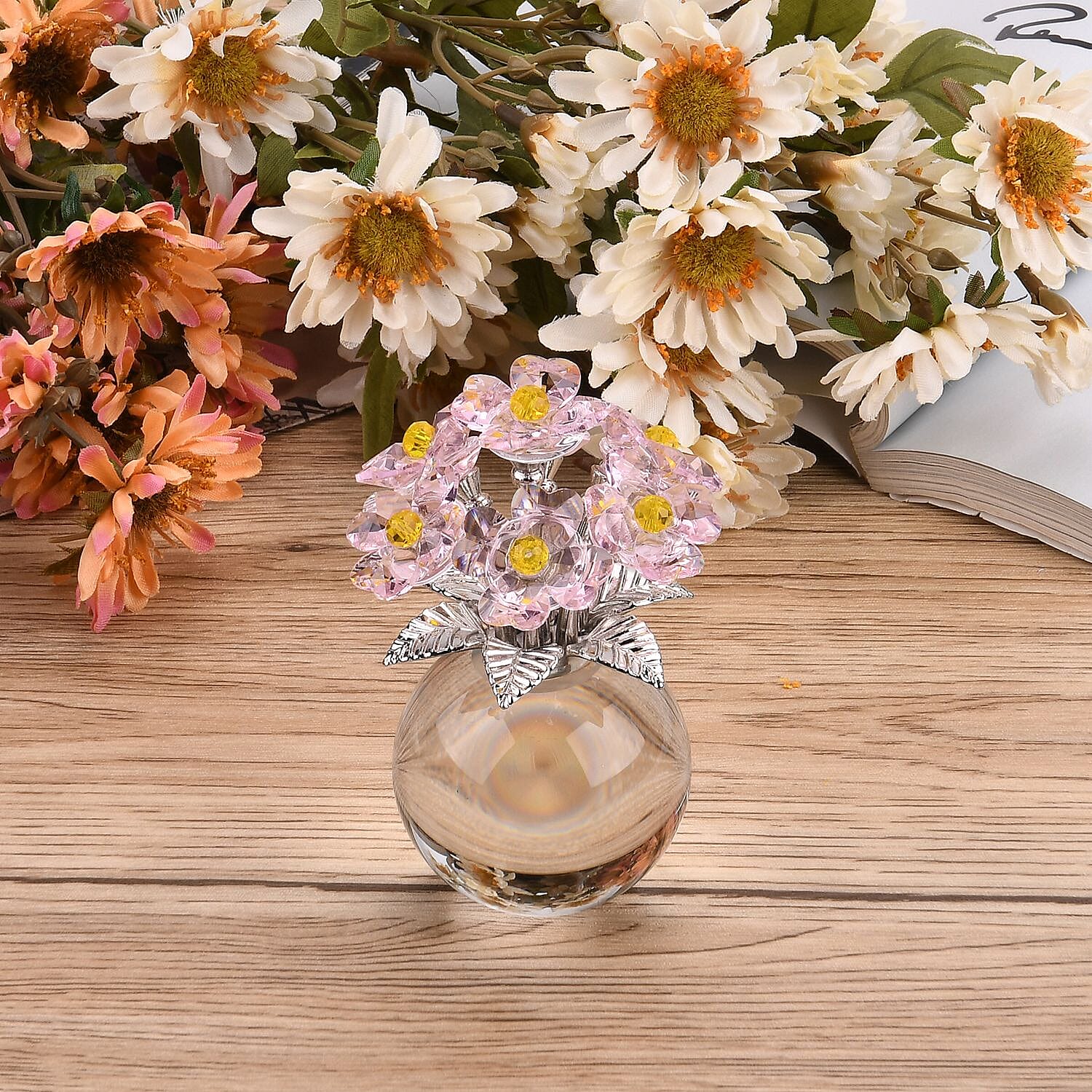 7-Head Crystal Glass Flower Decor - Pink