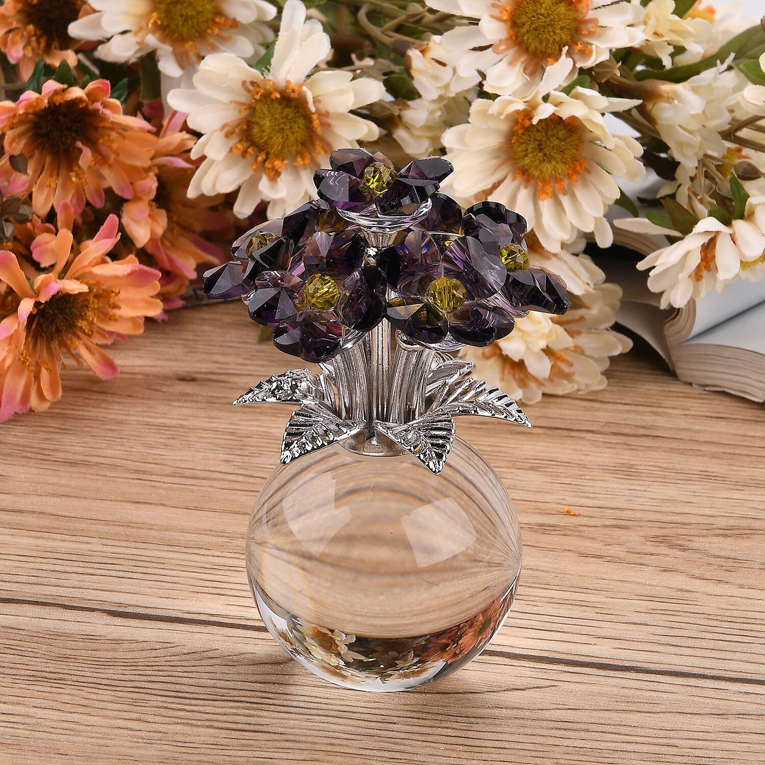 7-Head Crystal Glass Flower Decor - Purple