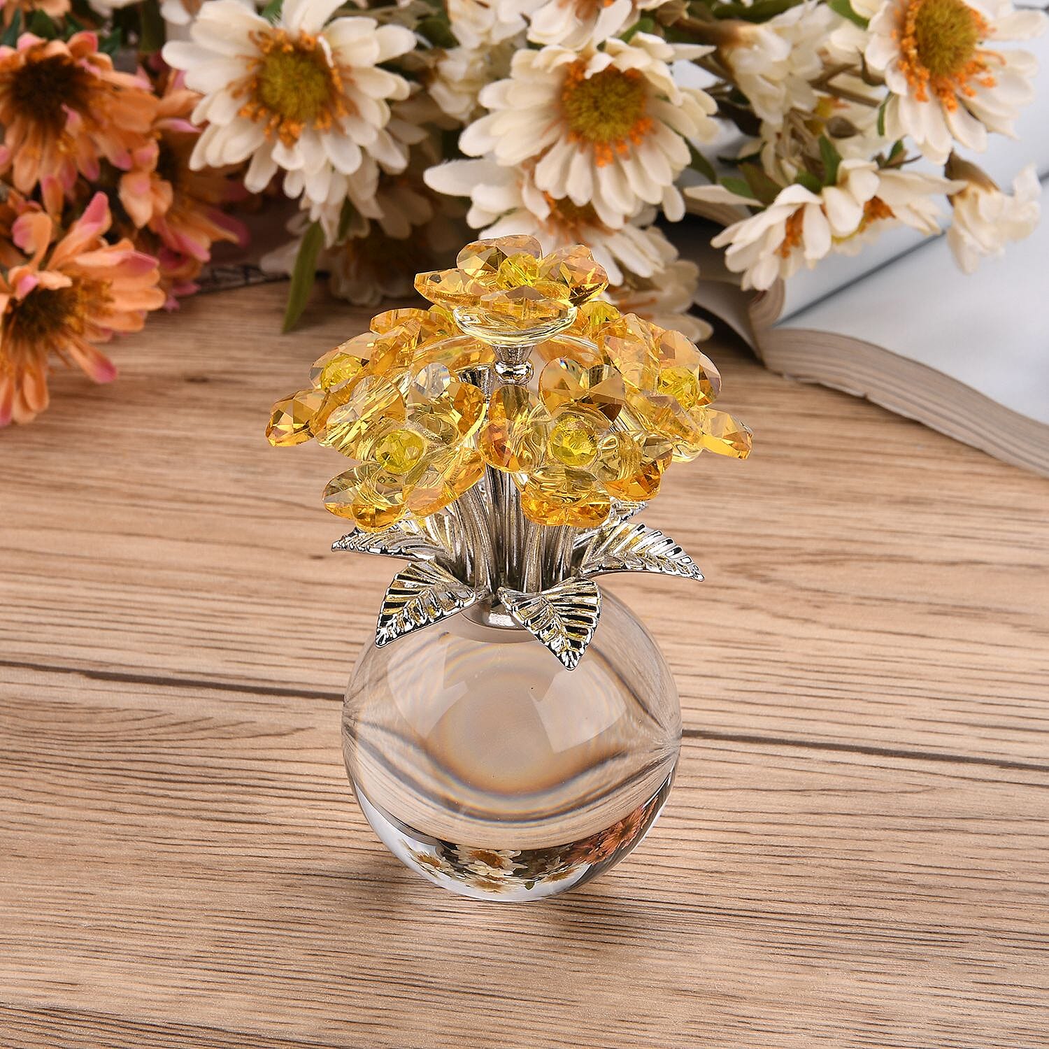 7-Head Crystal Glass Flower Decor - Yellow