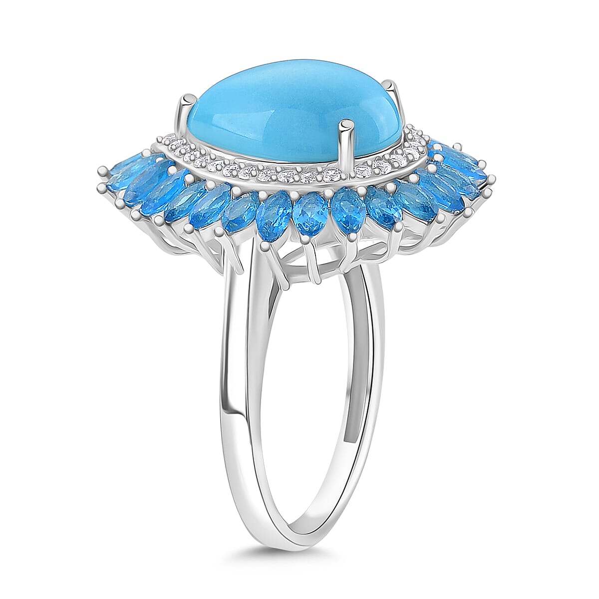 D'joy Sleeping Beauty Turquoise, White Zircon & Neon Apatite Ring in Rhodium Overlay Sterling Silver 6.96 Ct.