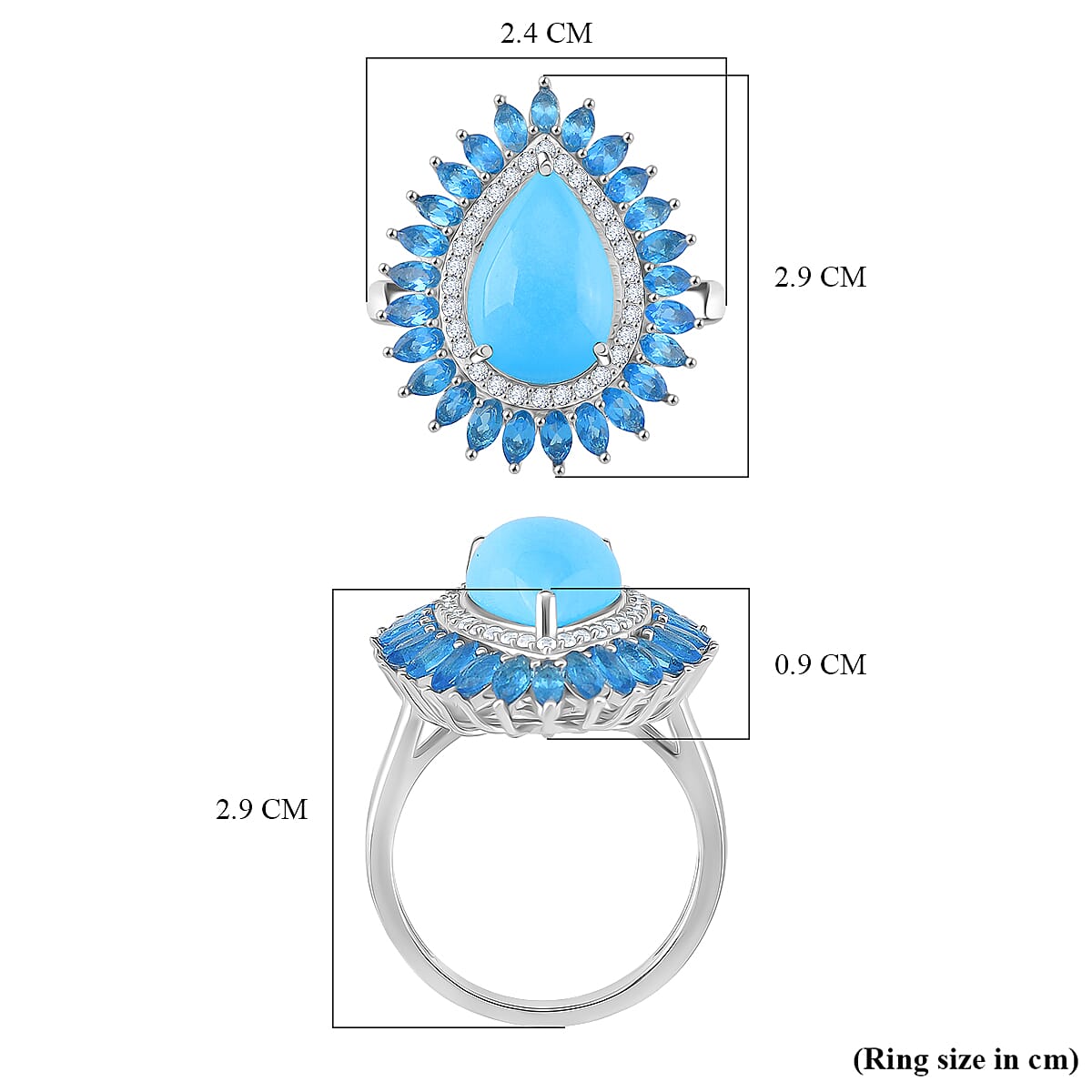 D'joy Sleeping Beauty Turquoise, White Zircon & Neon Apatite Ring in Rhodium Overlay Sterling Silver 6.96 Ct.