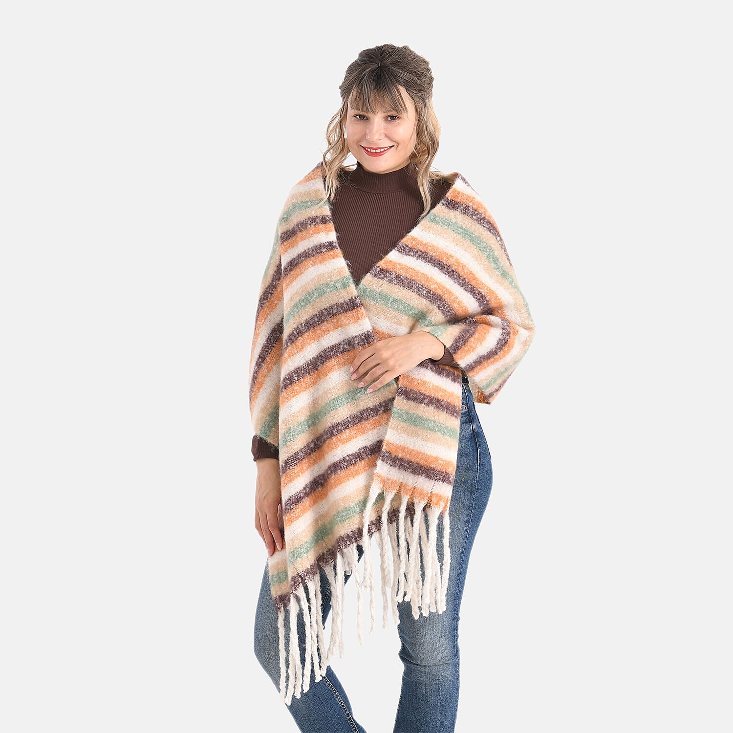 Soft Touch Large Shawl with Tassel (180 x 50 cm) - Beige & Multicolour
