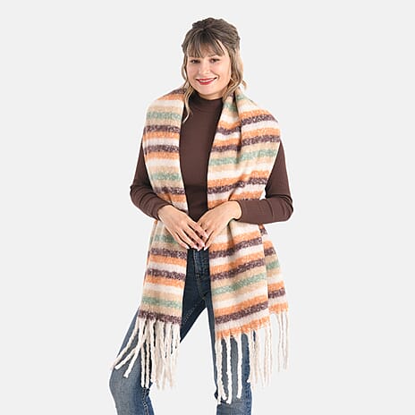 Soft Touch Large Shawl with Tassel (180 x 50 cm) - Beige & Multicolour