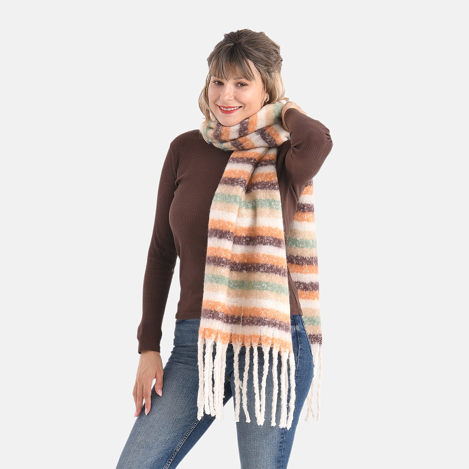 Soft Touch Large Shawl with Tassel (180 x 50 cm) - Beige & Multicolour