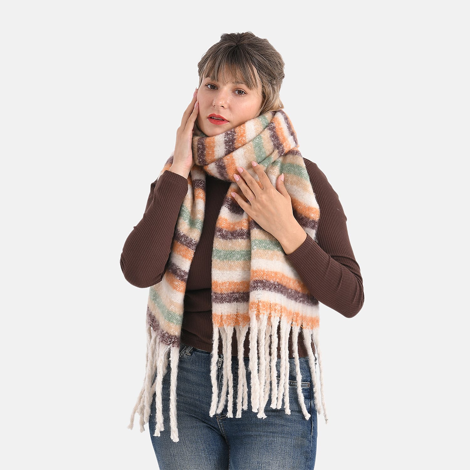 Soft Touch Large Shawl with Tassel (180 x 50 cm) - Beige & Multicolour