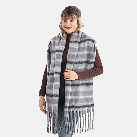 Striped Soft Touch Large Shawl with Tassel (180 x 50 cm) - Grey
