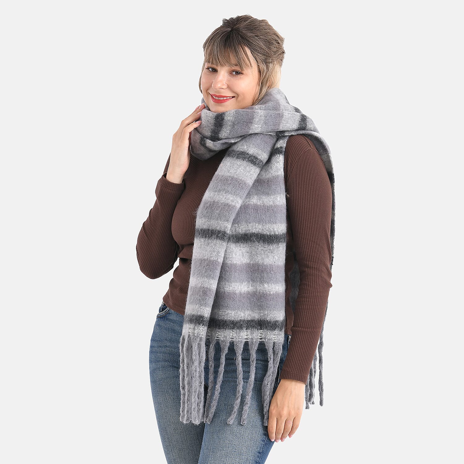 Striped Soft Touch Large Shawl with Tassel (180 x 50 cm) - Grey
