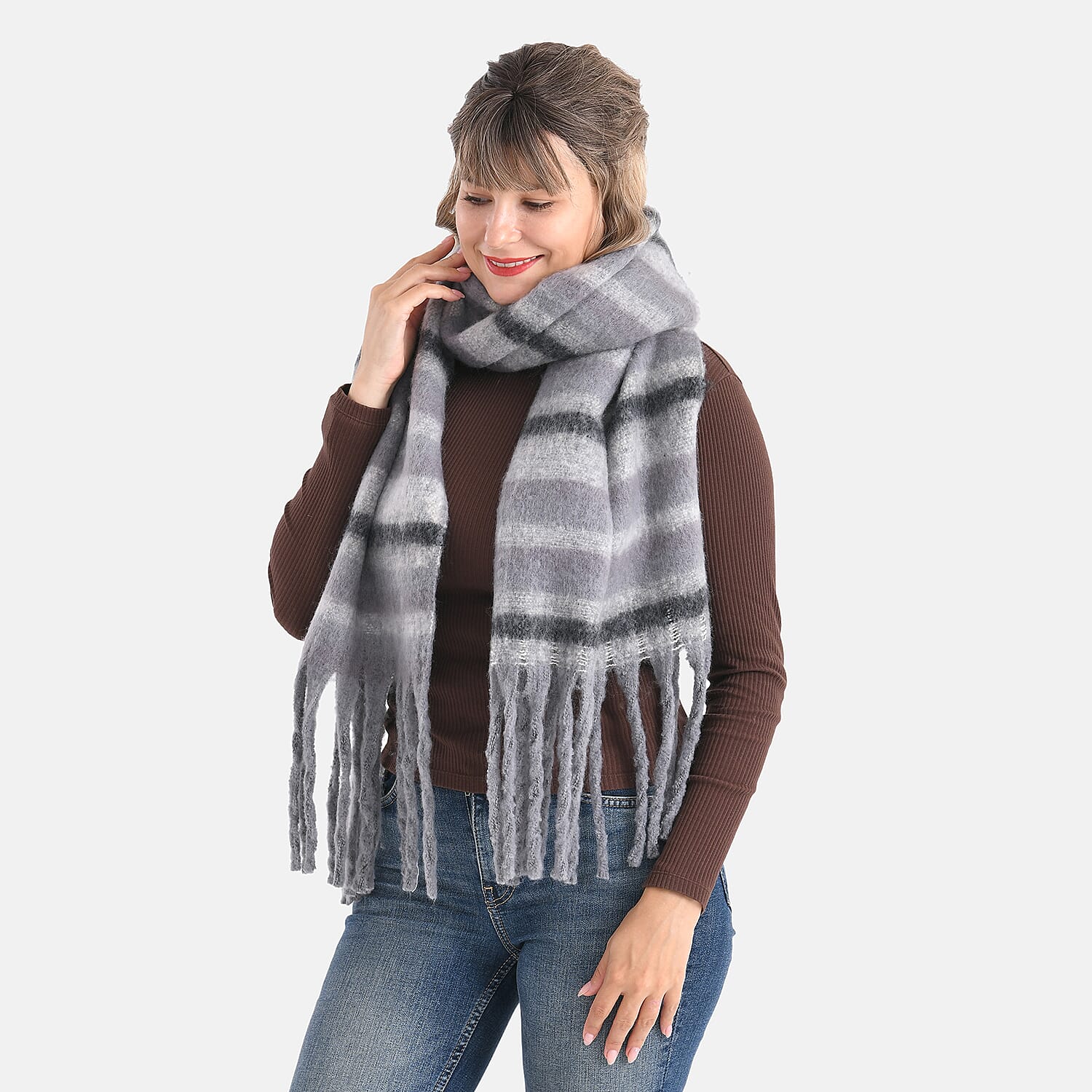 Striped Soft Touch Large Shawl with Tassel (180 x 50 cm) - Grey