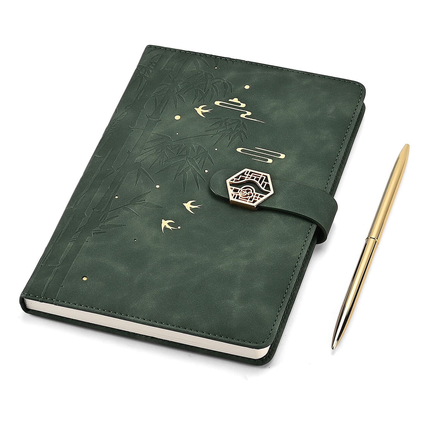 Set of 2 A5 Notebook & Black Ink Pen Gift Set - Bamboo Design with Magnetic Clasp - Green & Gold