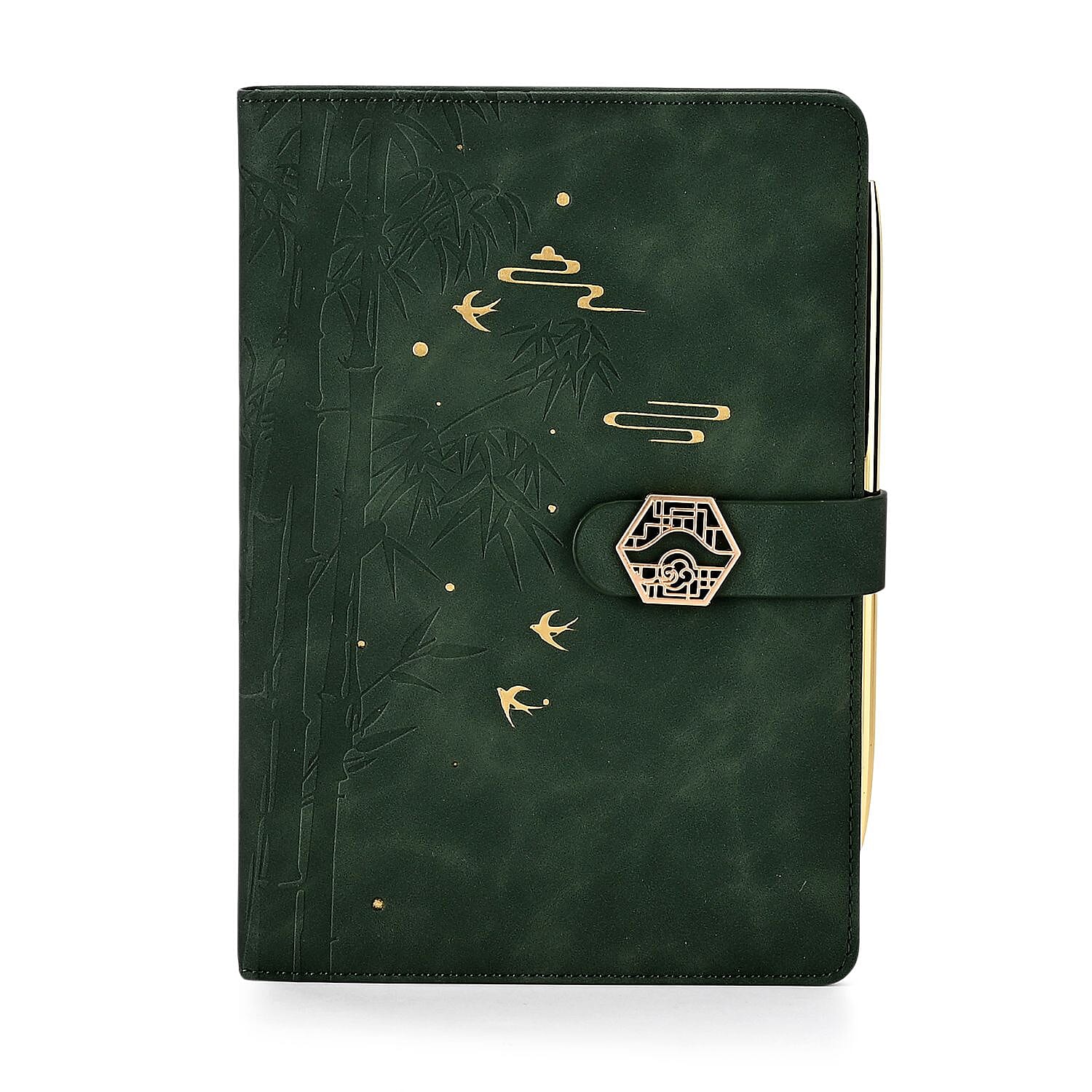 Set of 2 A5 Notebook & Black Ink Pen Gift Set - Bamboo Design with Magnetic Clasp - Green & Gold