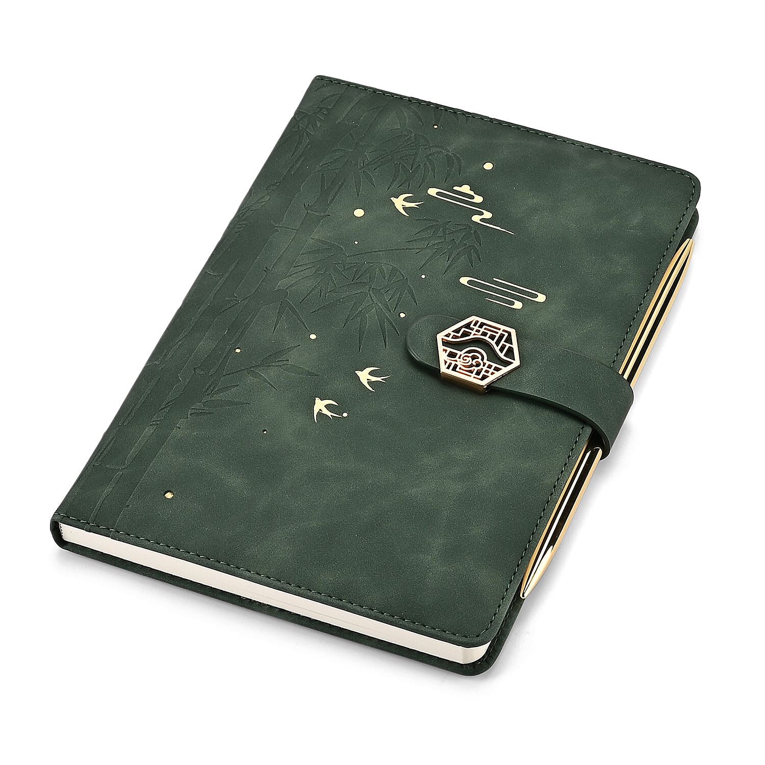 Set of 2 A5 Notebook & Black Ink Pen Gift Set - Bamboo Design with Magnetic Clasp - Green & Gold