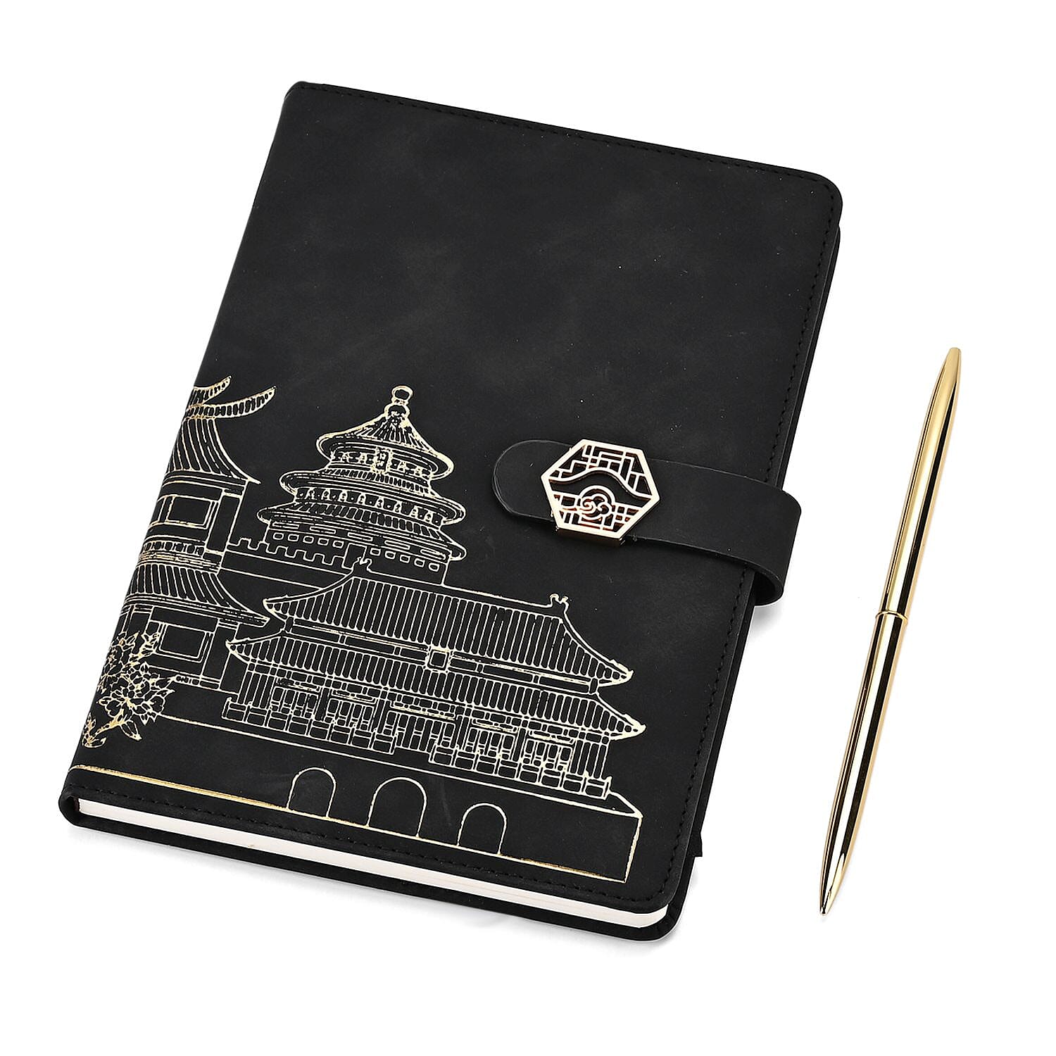 Set of 2 A5 Notebook & Black Ink Pen Gift Set - Sandalwood Palace Design with Magnetic Clasp - Black & Gold