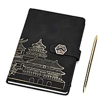 Set of 2 A5 Notebook & Black Ink Pen Gift Set - Sandalwood Palace Design with Magnetic Clasp - Black & Gold