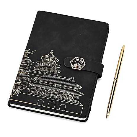 Set of 2 A5 Notebook & Black Ink Pen Gift Set - Sandalwood Palace Design with Magnetic Clasp - Black & Gold